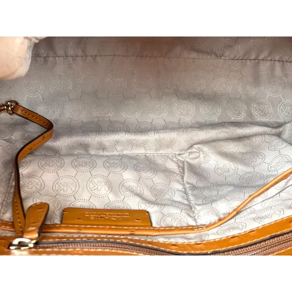 Michael Kors Caramel Ostrich Print Leather Satchel Crossbody Strap and Logo Lock
